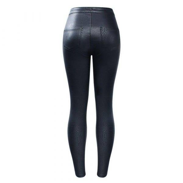 EU Size High Waist Black Snake Skin Pattern PU Jeans Woman Stretch Skinny Denim Jeans S-3XL Gothtopia https://gothtopia.com