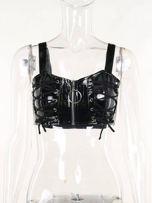 Dark Punk Street Trend Strap Vest Gothic Zipper PU Strap Aesthetic Strap Backless Vest Gothtopia https://gothtopia.com