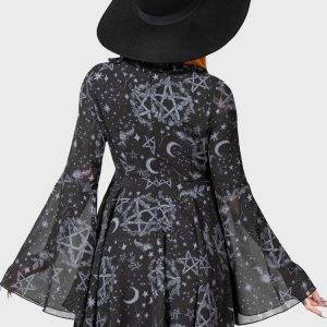 Aesthetic MoonStar Women’s Gothic Square Collar Pullover Long Horn Chiffon Sleeve Dress Gothtopia https://gothtopia.com