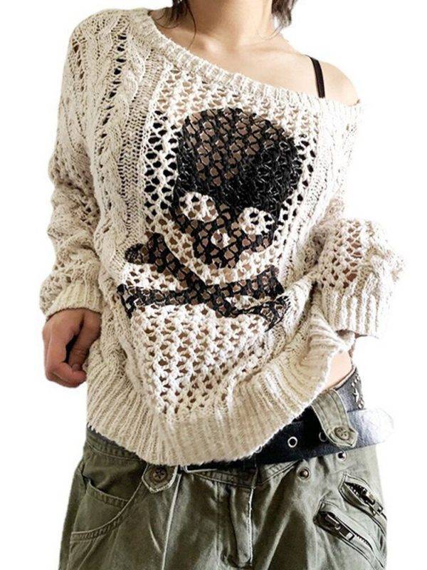 Gothic Hollow Out Long Sleeve Aesthetic Punk Style Crochet Pullover Skull Sweater Gothtopia https://gothtopia.com