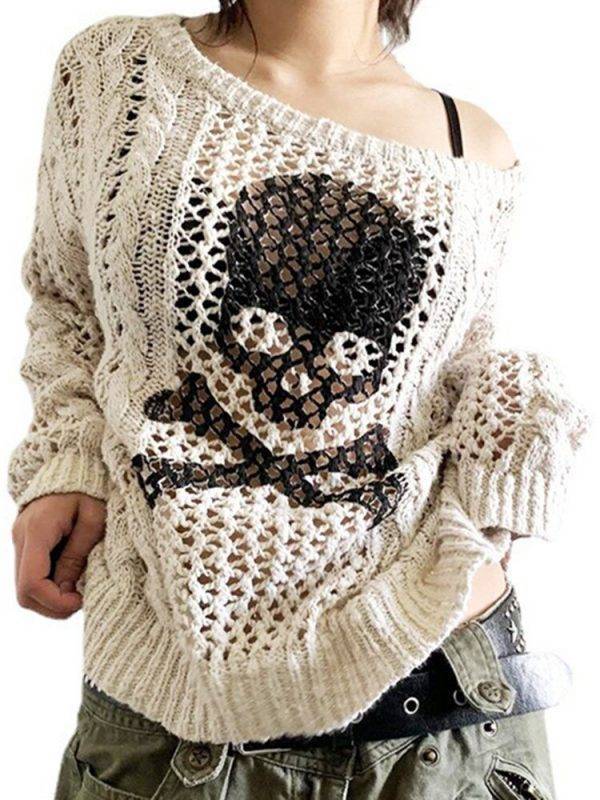 Gothic Hollow Out Long Sleeve Aesthetic Punk Style Crochet Pullover Skull Sweater Gothtopia https://gothtopia.com