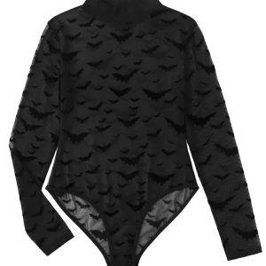 Sexy Gothic Black Bat Print High-neck See-through Long-sleeved Women’s Summer Fashion Party Top Gothtopia https://gothtopia.com