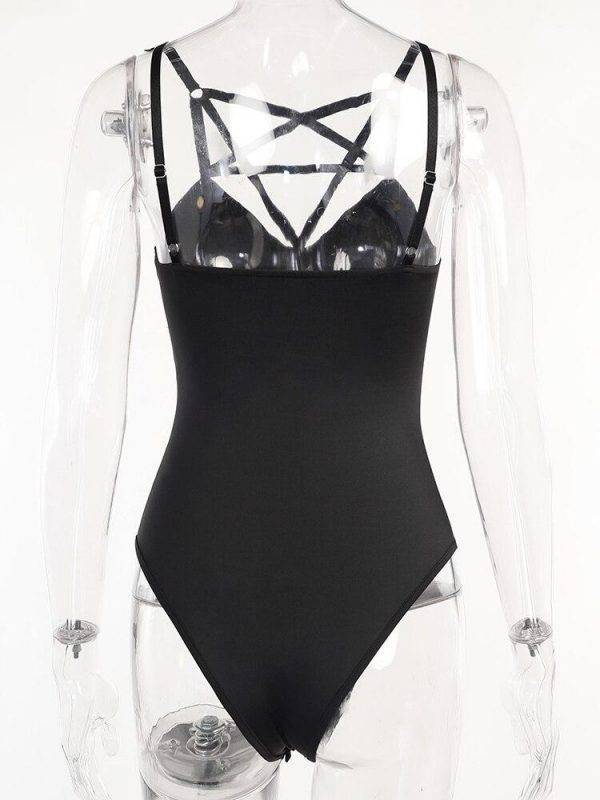 Gothic Pentagram Sexy Corset Women’s Streetwear Bodycon Black Backless Aesthetic Summer Bodysuits Gothtopia https://gothtopia.com