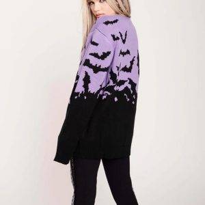 Gothic Bat Pattern Sweater Women’s Warm Purple Stitching Long Sleeve Knitting Autumn Winter Pullover Gothtopia https://gothtopia.com