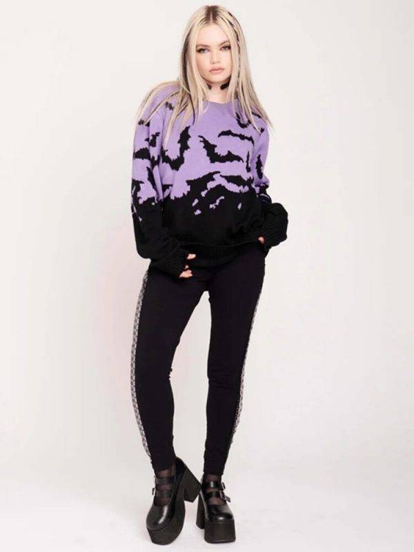Gothic Bat Pattern Sweater Women’s Warm Purple Stitching Long Sleeve Knitting Autumn Winter Pullover Gothtopia https://gothtopia.com