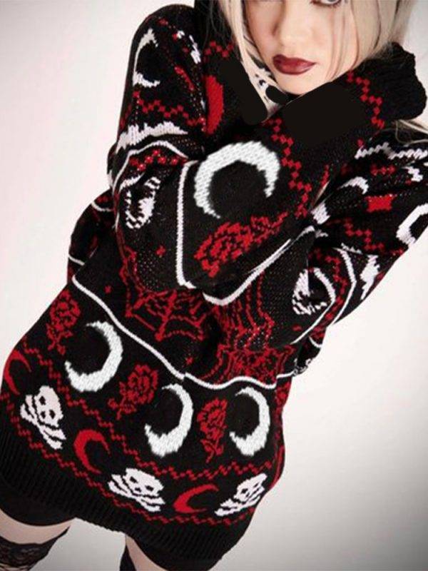 Gothic Moon Skull Pattern Knit Top Loose Long Sleeves Warm Autumn Winter Street Fashion Pullover Gothtopia https://gothtopia.com