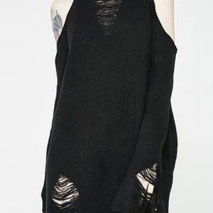 Street Hole Off-the-Shoulder Black Gothic Pullover Long Sleeve Knitted Sweater Dress Gothtopia https://gothtopia.com