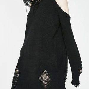 Street Hole Off-the-Shoulder Black Gothic Pullover Long Sleeve Knitted Sweater Dress Gothtopia https://gothtopia.com