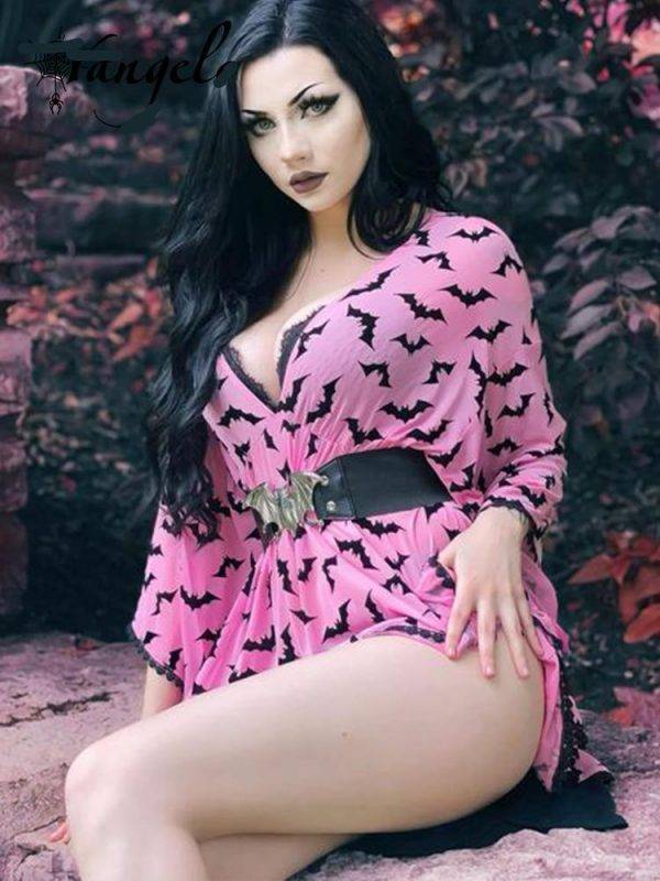 Fairy Grunge Women’s Pink Sexy Deep V Neck Goth Aesthetic Elegant Bat Print Dress Gothtopia https://gothtopia.com