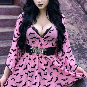 Fairy Grunge Women’s Pink Sexy Deep V Neck Goth Aesthetic Elegant Bat Print Dress Gothtopia https://gothtopia.com