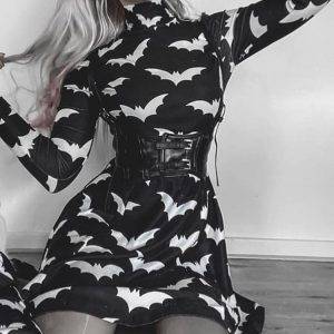 Gothic Black Bat Printed Turtleneck Long Sleeve Spring Fall Dress – Matching PU Belt Gothtopia https://gothtopia.com