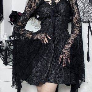 Vintage Gothic Clothes Elegant Aesthetic Black Lace Flare Sleeve See Through Sexy Crop Top Gothtopia https://gothtopia.com