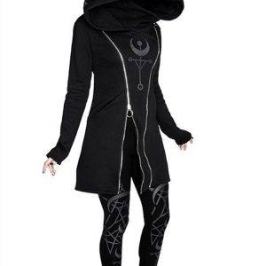 Gothic Punk Women Hooded Double Zipper Casual Slim Fit Black Hoodies S-5XL Gothtopia https://gothtopia.com
