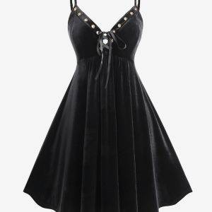 Plus Size Lace-up Grommets Velvet Cami Dress And Hooded Cropped Top Winter Black Dresses – Two Pieces Gothtopia https://gothtopia.com