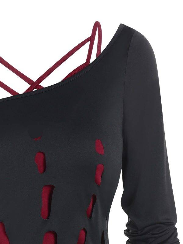 2 IN 1 Crisscross Cami Top And Cut Out Hand-shaped Skew Neck Long Sleeve T Shirt Gothic Top Gothtopia https://gothtopia.com