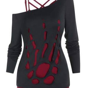 2 IN 1 Crisscross Cami Top And Cut Out Hand-shaped Skew Neck Long Sleeve T Shirt Gothic Top Gothtopia https://gothtopia.com