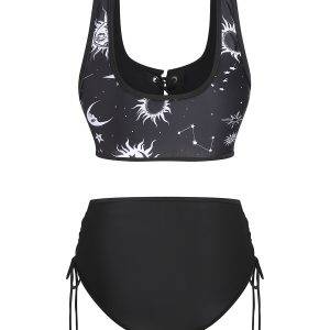 High Waist Cinched Bottoms Gothic Celestial Sun Moon Print Padded Bikinis Set Swimsuit Gothtopia https://gothtopia.com