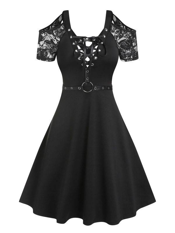 Gorgeous Gothic Women’s Solid A Line V-Neck Cross Back Lace Up Floral Lace Summer Dresses Gothtopia https://gothtopia.com