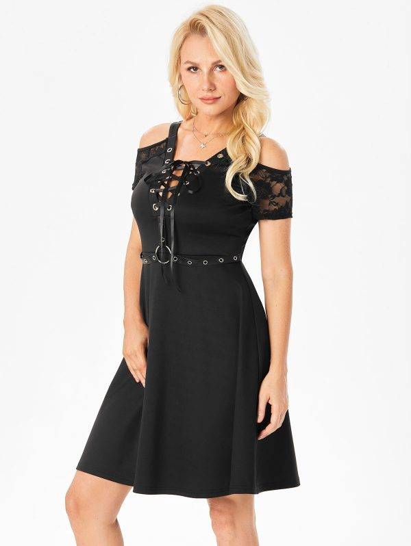Gorgeous Gothic Women’s Solid A Line V-Neck Cross Back Lace Up Floral Lace Summer Dresses Gothtopia https://gothtopia.com