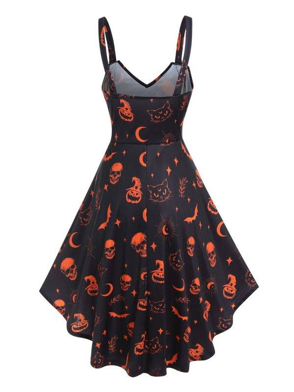 Halloween Bat Skull Pumpkin Print Lace Up Midi A Line Midi High Waisted Sleeveless Gothic Dress Gothtopia https://gothtopia.com