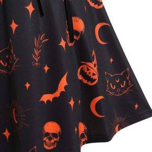 Halloween Bat Skull Pumpkin Print Lace Up Midi A Line Midi High Waisted Sleeveless Gothic Dress Gothtopia https://gothtopia.com