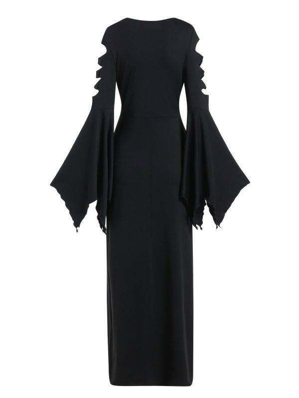 Gothic Lace Up High Slit Ripped Bell Sleeve Maxi Dress Women Long High Split Flare Sleeve Robe For Halloween Party Gothtopia https://gothtopia.com