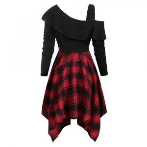 Plaid Skew Neck Flounce Asymmetrical Skew Collar High Waist A-Line Gothic Dress Gothtopia https://gothtopia.com