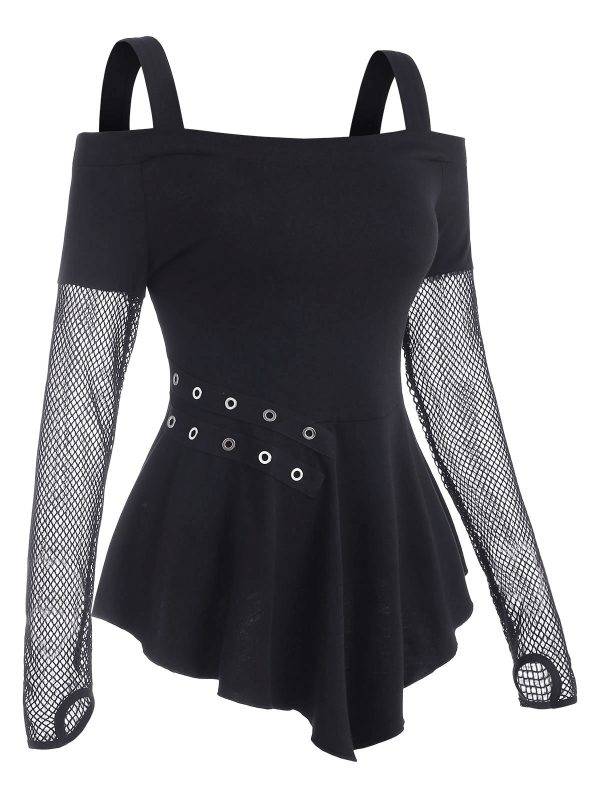 Fishnet Panel Cold Shoulder Grommet With Thumb Hole Long Sleeved Square Neck Tops Gothtopia https://gothtopia.com