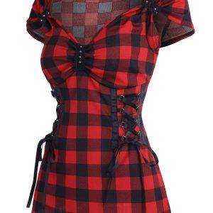 Short Sleeve Plaid Emo Sweetheart Neck Checkerboard Lace Up Classical Casual Tops Gothtopia https://gothtopia.com