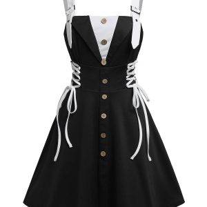 4 Styles – Mock Button Buckle Strap Lace-up Twofer Dress A Line Mini Faux Twinset 2 In 1 Dresses Sleeveless Dress Gothtopia https://gothtopia.com