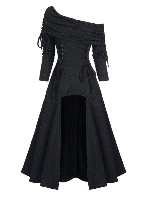 Women’s Gothic Long A Line Fold Over Cable Knit Fold Over Lace-up High Low Fall/Winter Sweater – 2 Styles Gothtopia https://gothtopia.com