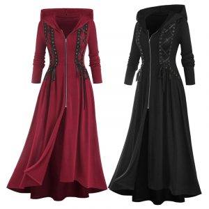 Plus Size Hooded Lace Up Zipper Autumn Winter High Low Maxi Black Red Longline Hoodies Trench Coat Gothtopia https://gothtopia.com
