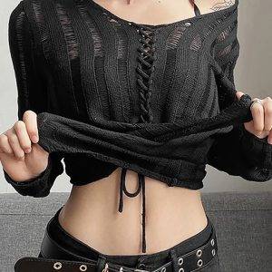 Gothic See Through Bandage Blouse Grunge Black Casual Sexy Long Sleeve Knitwear Tops Gothtopia https://gothtopia.com