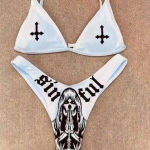 Sinful Cross Skull Printing Dark Metal Gothic Cosplay Bikini Set Gothtopia https://gothtopia.com