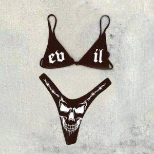 Evil Skull Letter Printing Dark Metal Black Gothic Hologram Bikini Set Gothtopia https://gothtopia.com