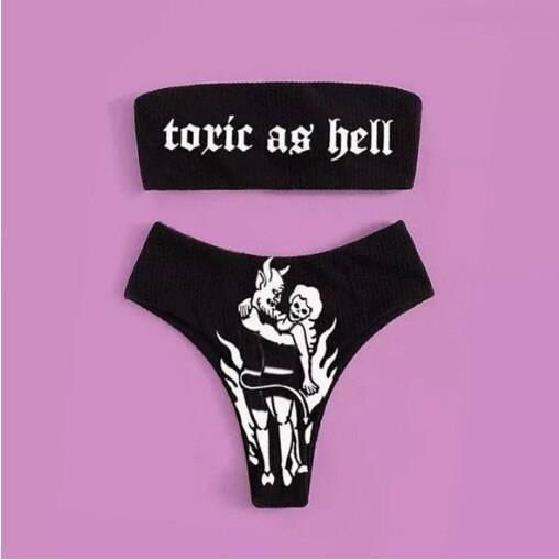 Toxic as Hell Letter Printing Dark Metal Black Gothic Bikini Set Gothtopia https://gothtopia.com