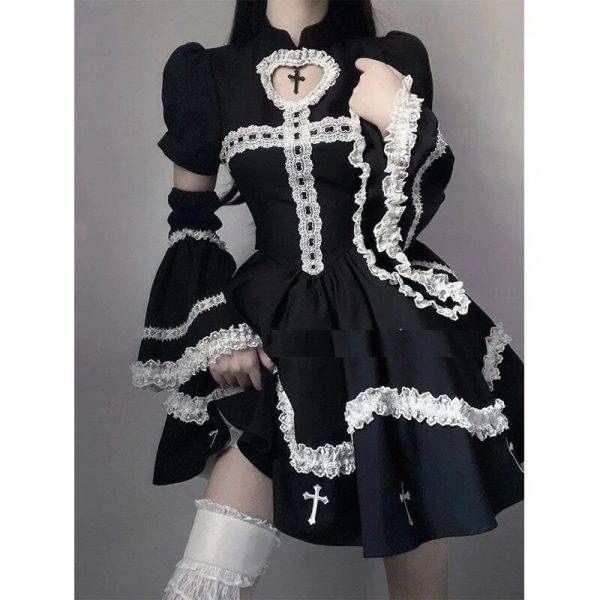 Black Gothic Lace Hem Cross Featured Flare Sleeve A Line A Shape Puffy Dark Metal Lolita Dress Gothtopia https://gothtopia.com
