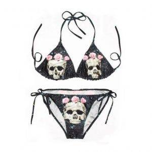 Rose Skull Printing Dark Metal Sweet Black Gothic Cute Goth Bikini Set Gothtopia https://gothtopia.com