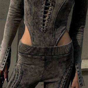 Dark Cyber Gothic Techwear Bandage Women Punk Eyelet Long Sleeve Skinny Bodysuits Streetwear Gothtopia https://gothtopia.com