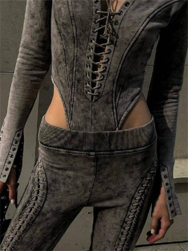 Dark Cyber Gothic Techwear Bandage Women Punk Eyelet Long Sleeve Skinny Bodysuits Streetwear Gothtopia https://gothtopia.com