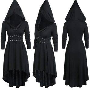 Gothic Dark Punk Black Medieval Hooded Vintage Irregular Slim Cross Tie Long Sleeve Dress Gothtopia https://gothtopia.com
