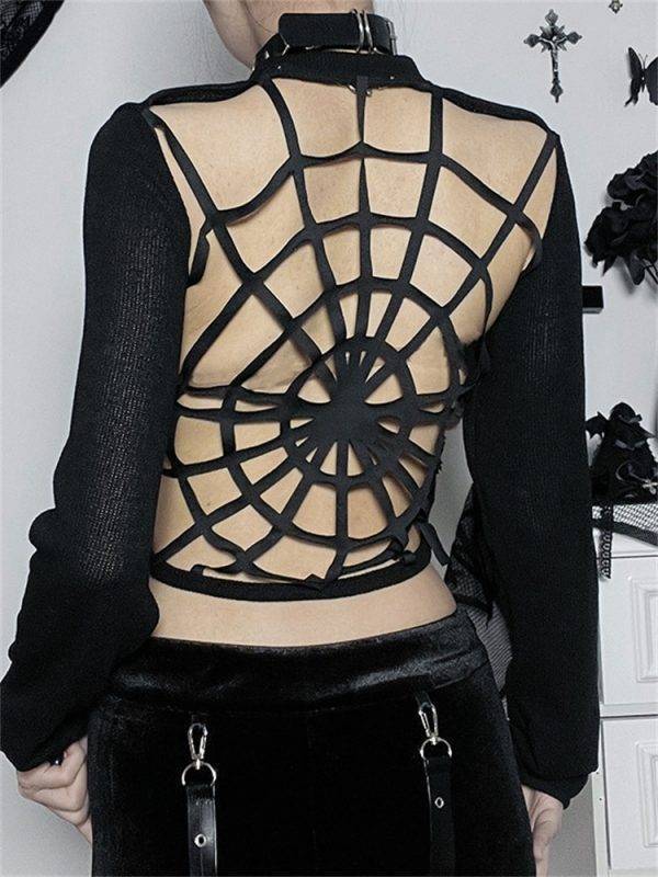 New Gothic Vintage Dark Round Neck Solid Sexy Slim Back Spider Web Long Sleeve Tops Gothtopia https://gothtopia.com