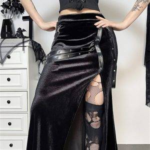 Gothic Street Darkness Sexy Slim Versatile High Waist Velvet Cord Ribbon Split Half Skirts Gothtopia https://gothtopia.com