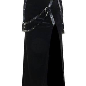 Gothic Street Darkness Sexy Slim Versatile High Waist Velvet Cord Ribbon Split Half Skirts Gothtopia https://gothtopia.com