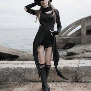 New Black Irregular Gothic Waist Closing Slim Style Dark Hollow Out Retro Dress Gothtopia https://gothtopia.com
