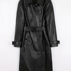 Spring Autumn Luxury Elegant Double Breasted Long Black Soft Faux Leather Trench Coat M-7XL Gothtopia https://gothtopia.com