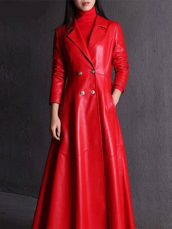 Long Skirted Red Black Gothic Double Breasted Elegant Luxury Faux Leather Trench Coat S-7XL Gothtopia https://gothtopia.com