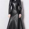 Gothic Spring Autumn Extra Long Red Black Fitted Soft Faux Leather V Neck Long Coat Gothtopia https://gothtopia.com