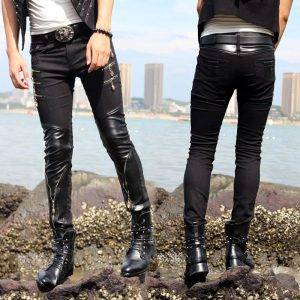 Men’s Black Skinny Performance Multi Zipper Gothic Pencil Pants Jeans with Leather Patchwork Gothtopia https://gothtopia.com