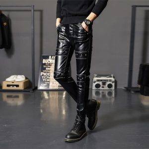 Personalized Punk Rivet Black Leather Pants Men’s Slim Fit Thick Leggings Pants Gothtopia https://gothtopia.com